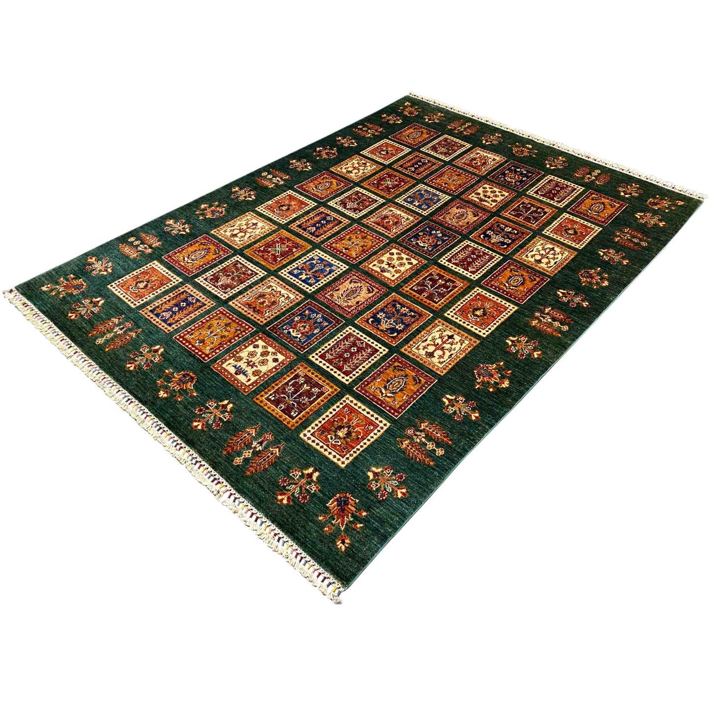 Handgeknüpfter Khorjin Teppich - Grüne & Mehrfarbige Quadrate, 239x173 cm - German Carpet Shop