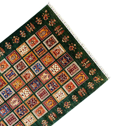 Handgeknüpfter Khorjin Teppich - Grüne & Mehrfarbige Quadrate, 239x173 cm - German Carpet Shop