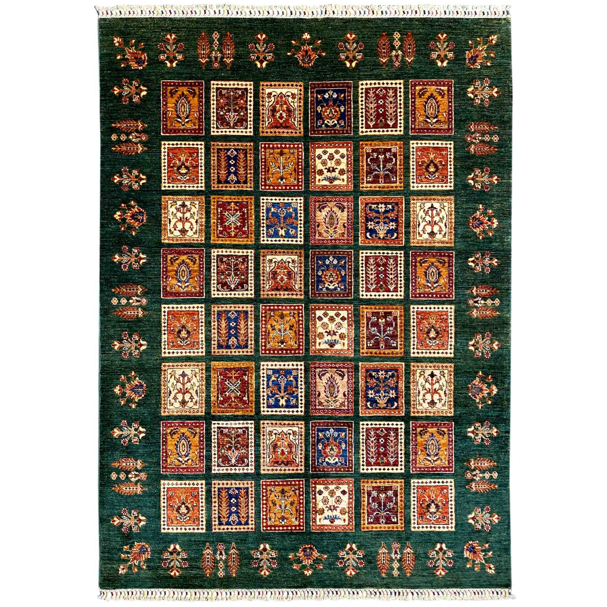 Handgeknüpfter Khorjin Teppich - Grüne & Mehrfarbige Quadrate, 239x173 cm - German Carpet Shop