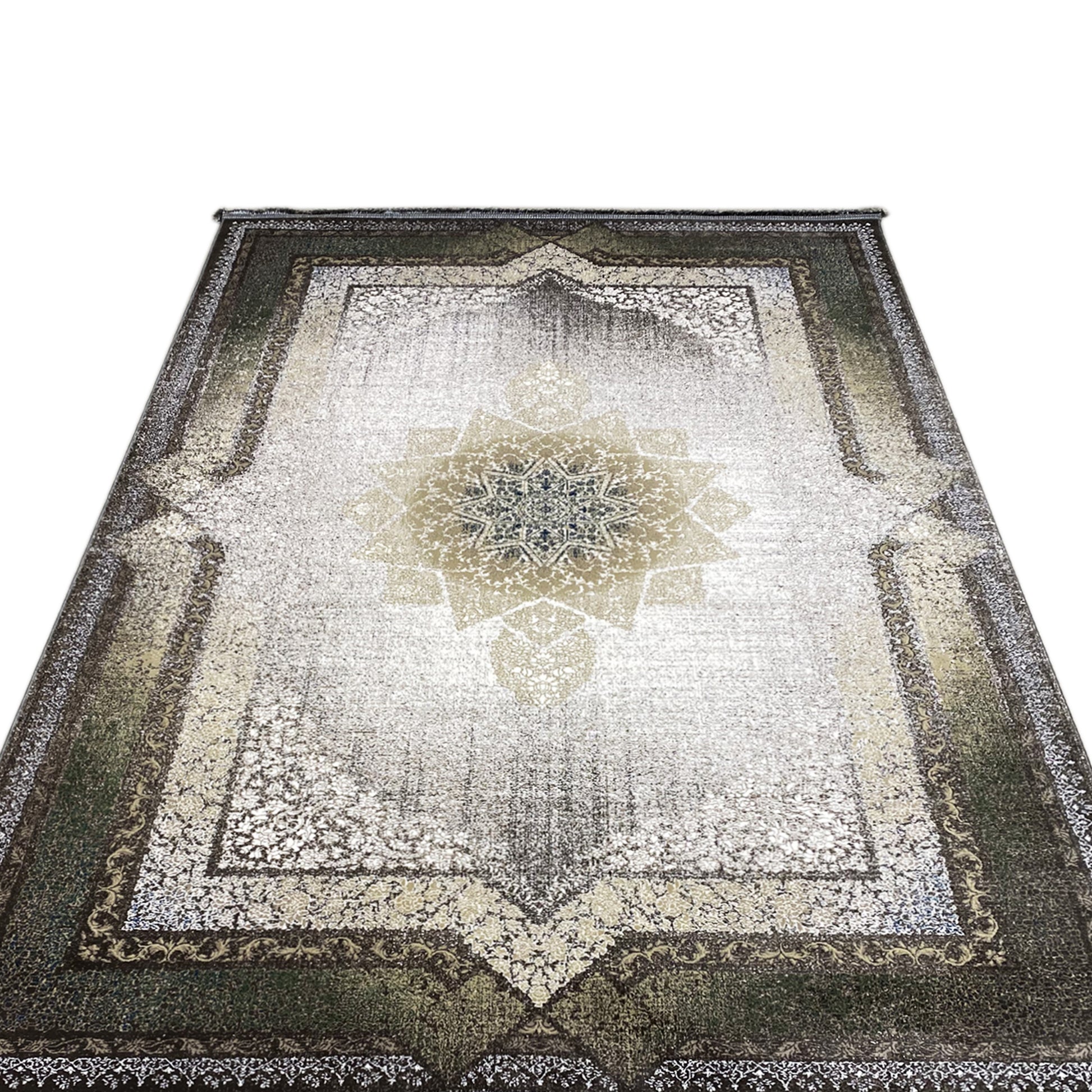 Teppich für das Schlafzimmer, 170x240cm, rauchgrünes, geometrisches Muster.