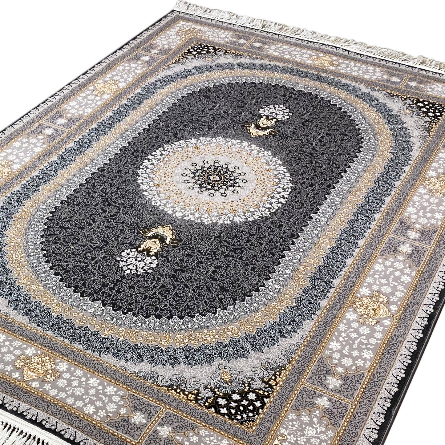 Teppichläufer im Medaillon-Stil in Schwarz-Grau und Creme 160x230cm