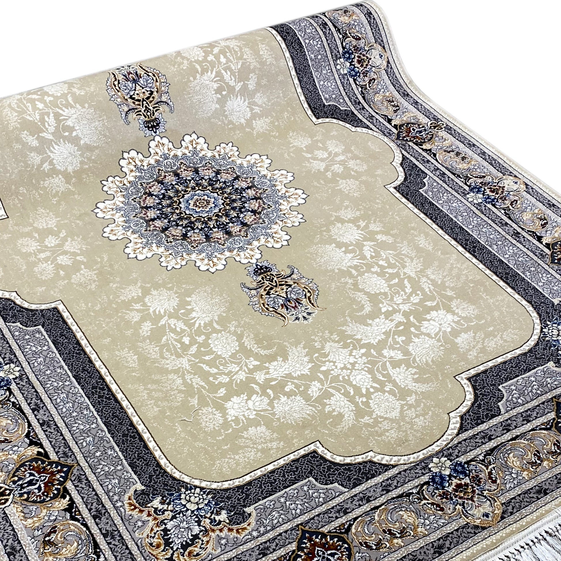 Klassischer Teppich mit Fransen und detailreichen Ornamenten für Schlafzimmer