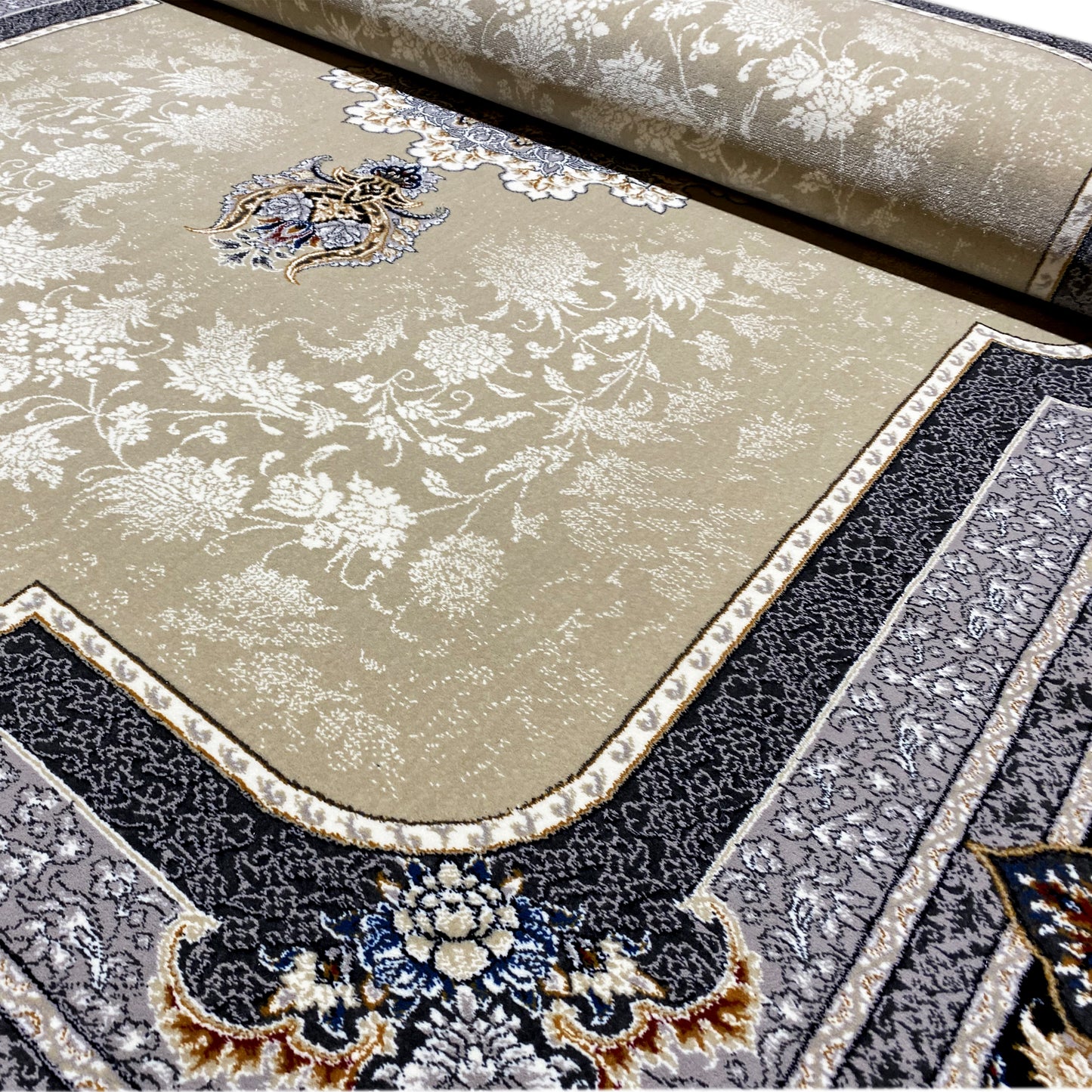 Hochwertiger Teppich in Creme-Blau im traditionellen Muster für elegante Einrichtung