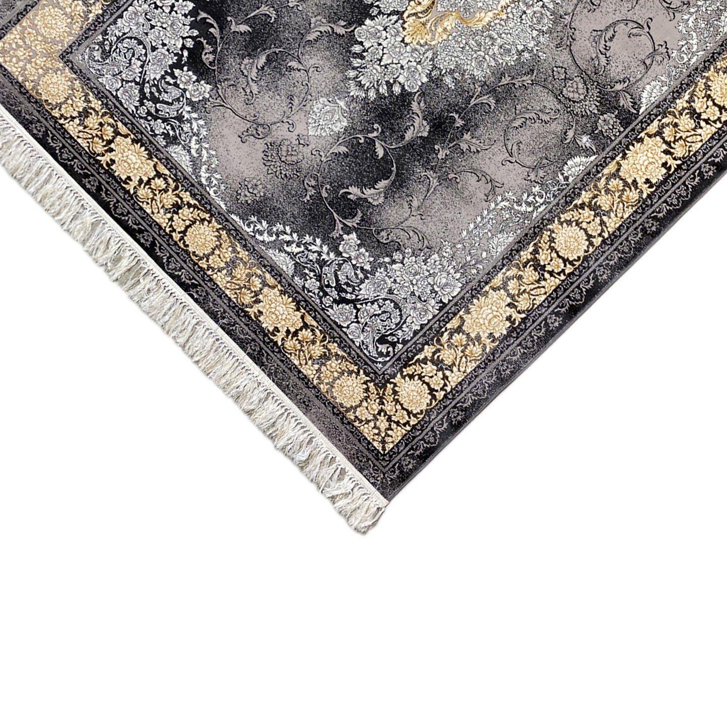 Hochwertiger Teppich in Schwarz-Gold im traditionellen Muster für elegante Einrichtung