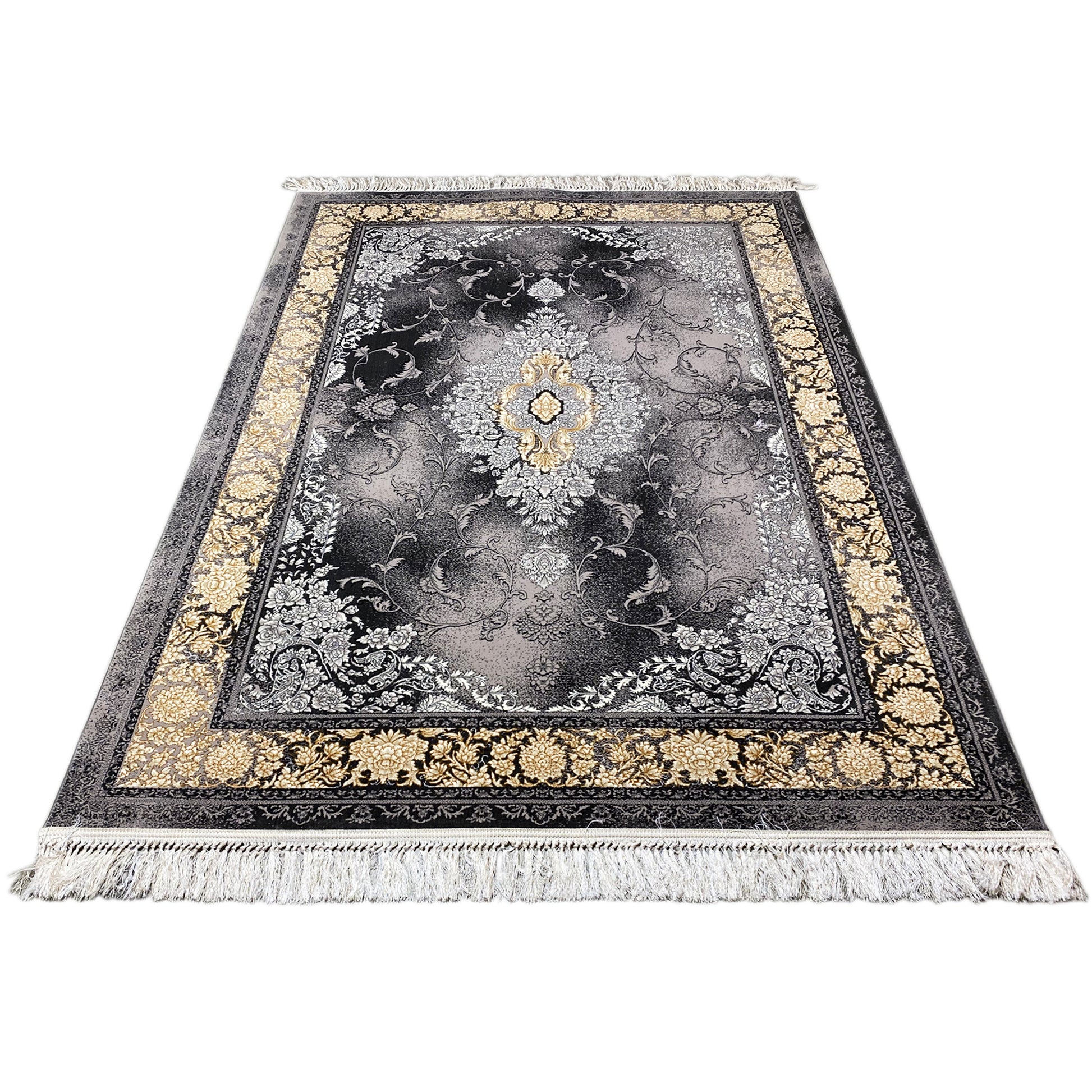 Orientalischer Teppich 160x230cm für Wohnzimmer, strapazierfähig, Schwarz-Gold