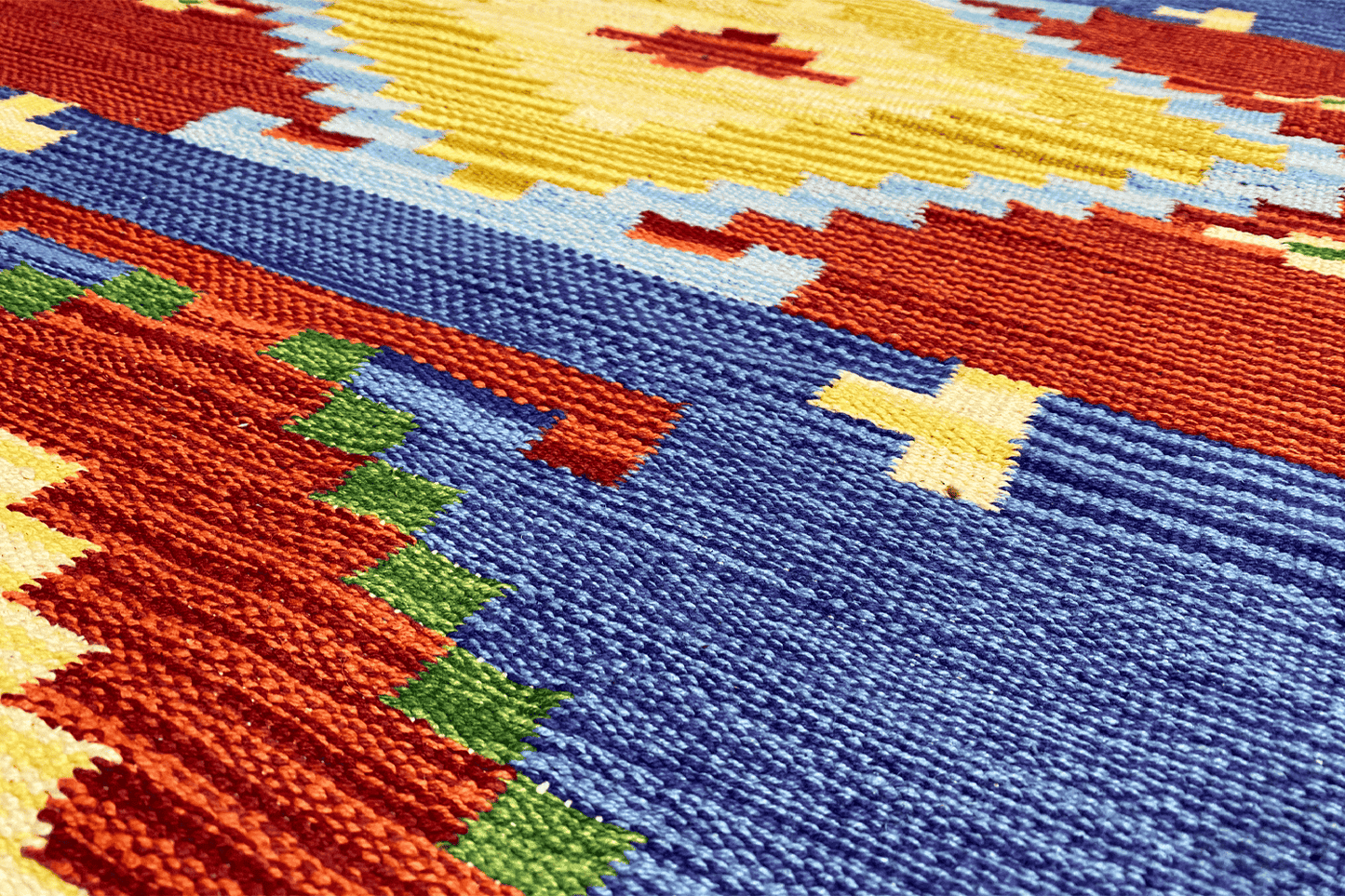 Indischer Handgewebter Kelim Dhurrie Teppich, 200x80cm (6.5x2.6ft), Buntes Geometrisches Muster - German Carpet Shop