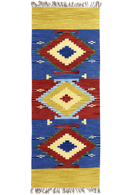 Indischer Handgewebter Kelim Dhurrie Teppich, 200x80cm (6.5x2.6ft), Buntes Geometrisches Muster - German Carpet Shop