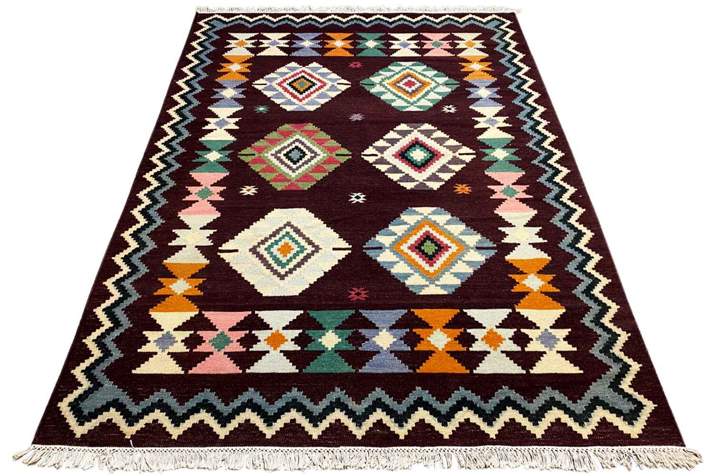 Handgewebter Wollen Kelim Dhurrie Teppich - 240x170cm (8x6ft) - Lebhaftes Geometrisches Muster - German Carpet Shop
