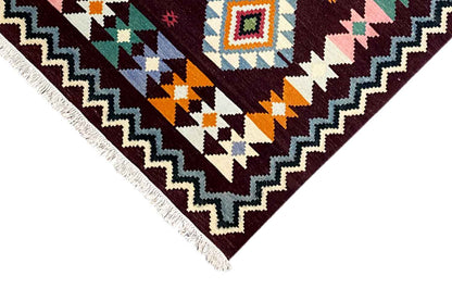 Handgewebter Wollen Kelim Dhurrie Teppich - 240x170cm (8x6ft) - Lebhaftes Geometrisches Muster - German Carpet Shop