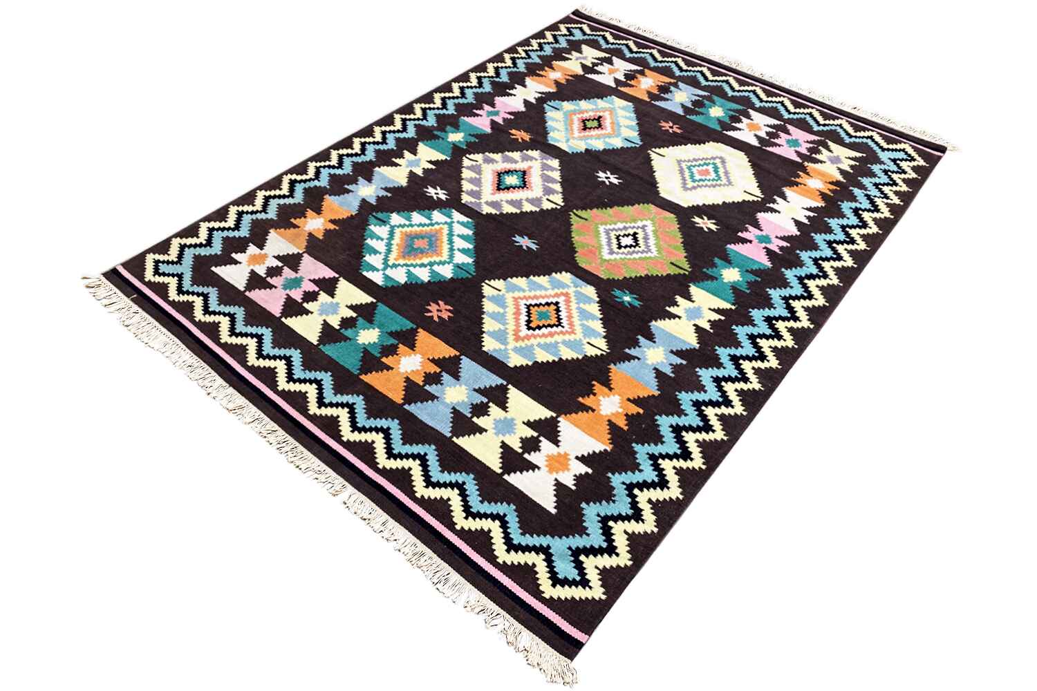 Großer Indischer Kelim Dhurrie - 240x170cm (8x6ft) - Handgefertigt & Gemütlich - German Carpet Shop