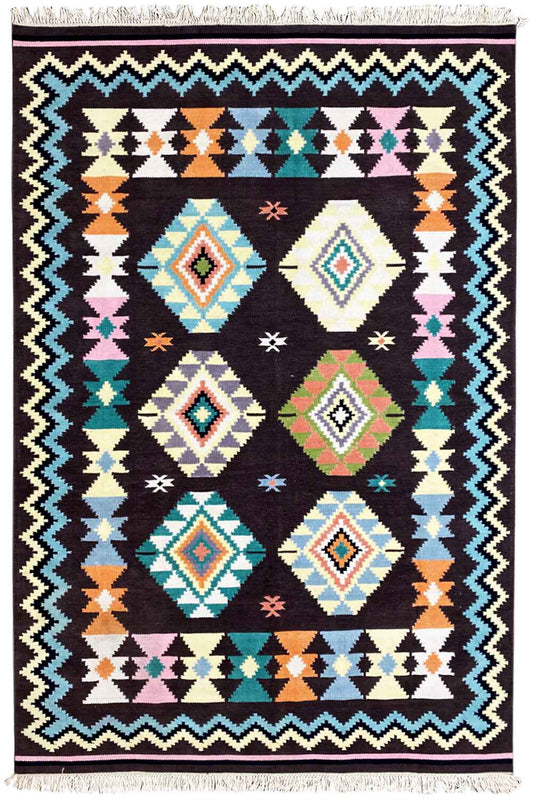 Großer Indischer Kelim Dhurrie - 240x170cm (8x6ft) - Handgefertigt & Gemütlich - German Carpet Shop