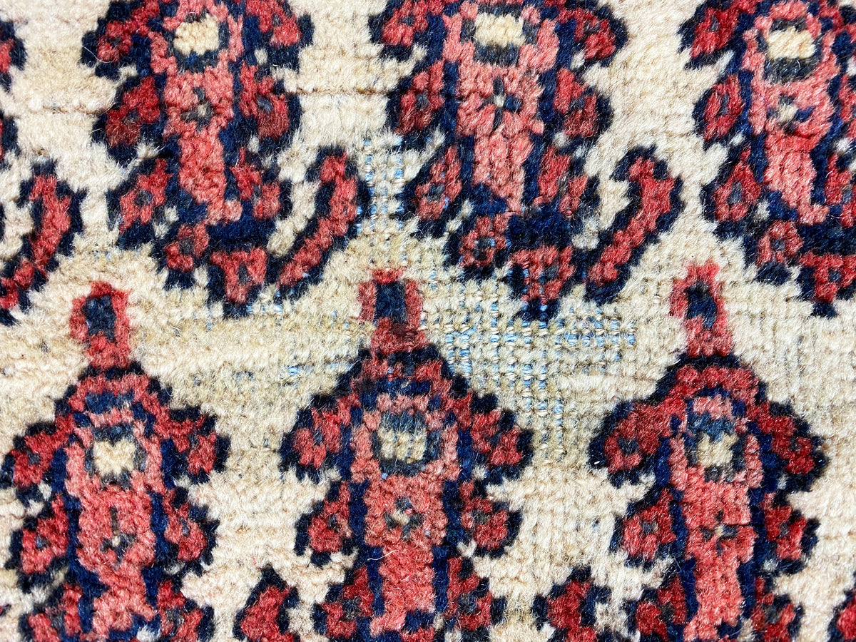 Gros plan des champs ornementaux : fond crème avec des motifs décoratifs rouges et bleus