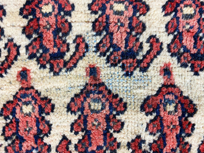 Gros plan des champs ornementaux : fond crème avec des motifs décoratifs rouges et bleus