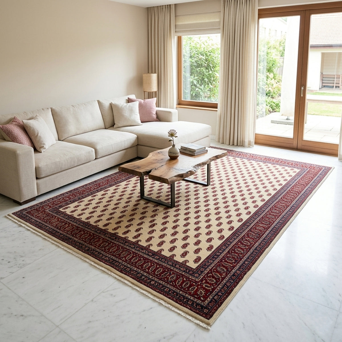 Tapis en laine avec motif rectangulaire rouge et beige et bordure de style vintage