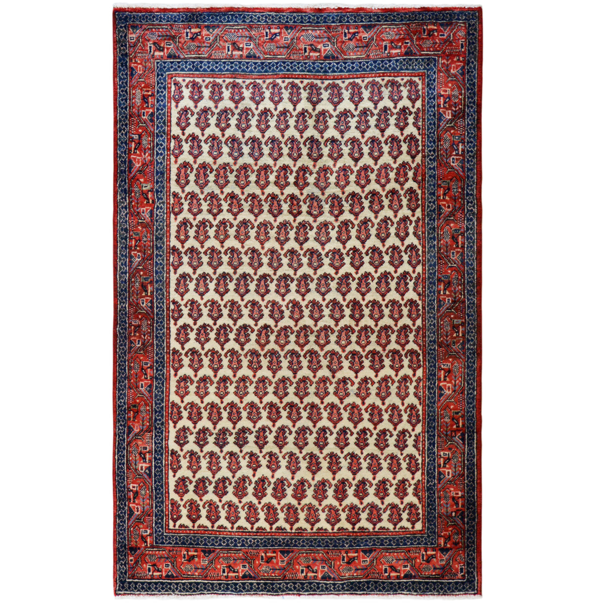 Tapis en laine à motif de bordure oriental rouge, bleu foncé et crème