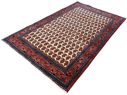 Tapis rectangulaire à petit motif de médaillon crème, rouge et bleu marine