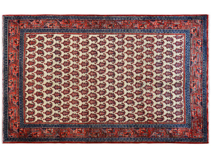 Tapis rectangulaire : surface couleur crème avec bordure rouge et liseré bleu foncé