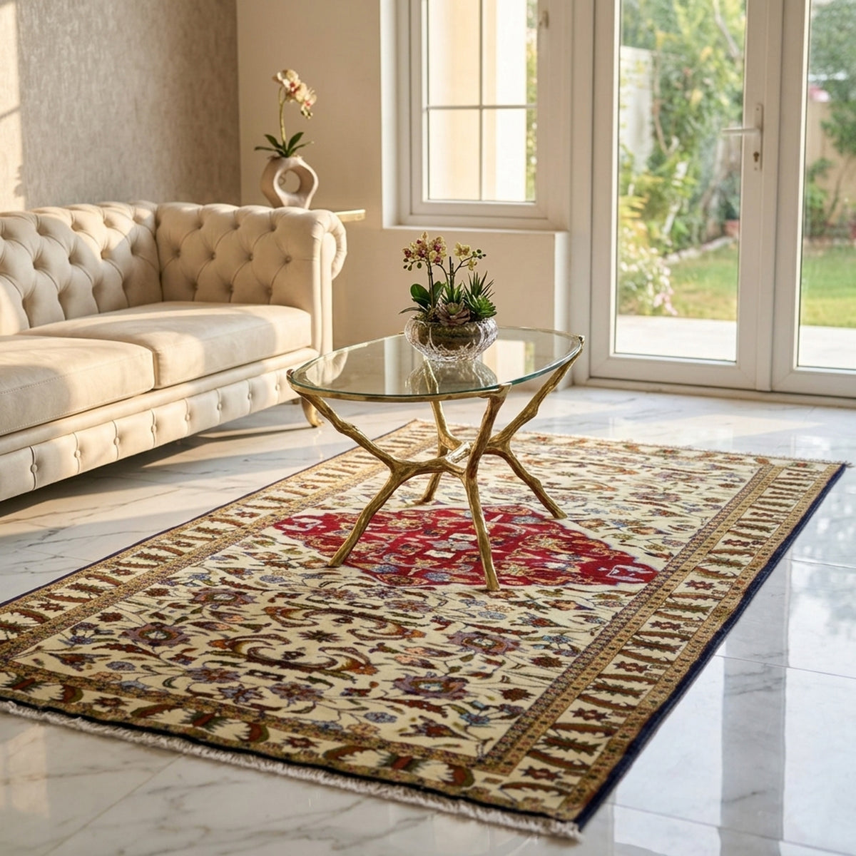 Tapis baloutche à centre rouge et large bordure ornementale sur fond clair