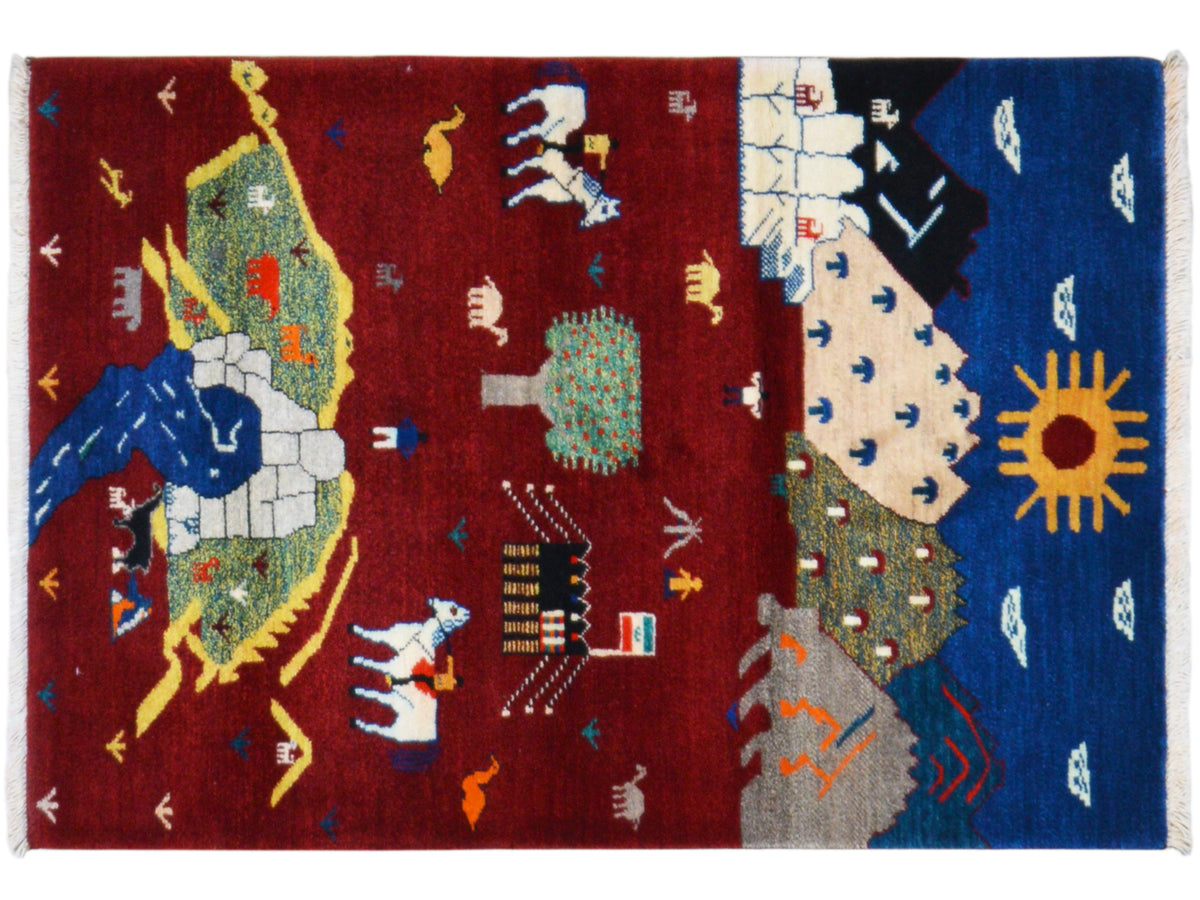 Tapis Gabbeh-Luri à motifs rouges et bleus, avec soleil, animaux et ornements