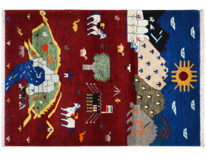 Tapis Gabbeh-Luri à motifs rouges et bleus, avec soleil, animaux et ornements