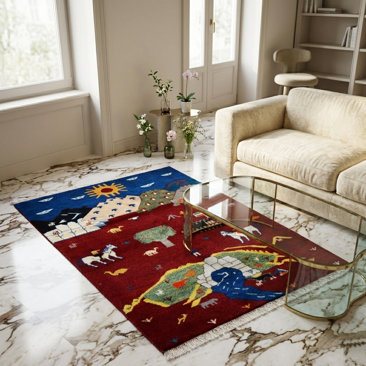 Tapis Gabbeh-Luri, motif rouge avec personnages, chevaux et soleil, franges