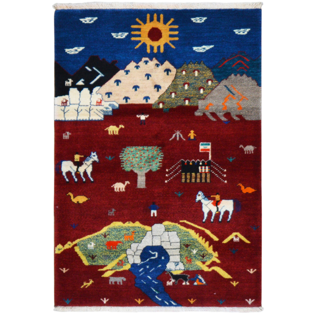 Tapis Gabbeh-Luri à fond rouge, motif animalier et paysager, bordure, franges