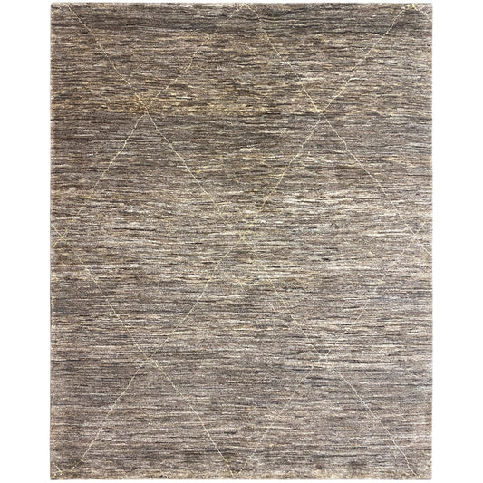 Gabbeh-Teppich in Grau-Beige mit feinem geometrischem Linienmuster und melierter Optik.