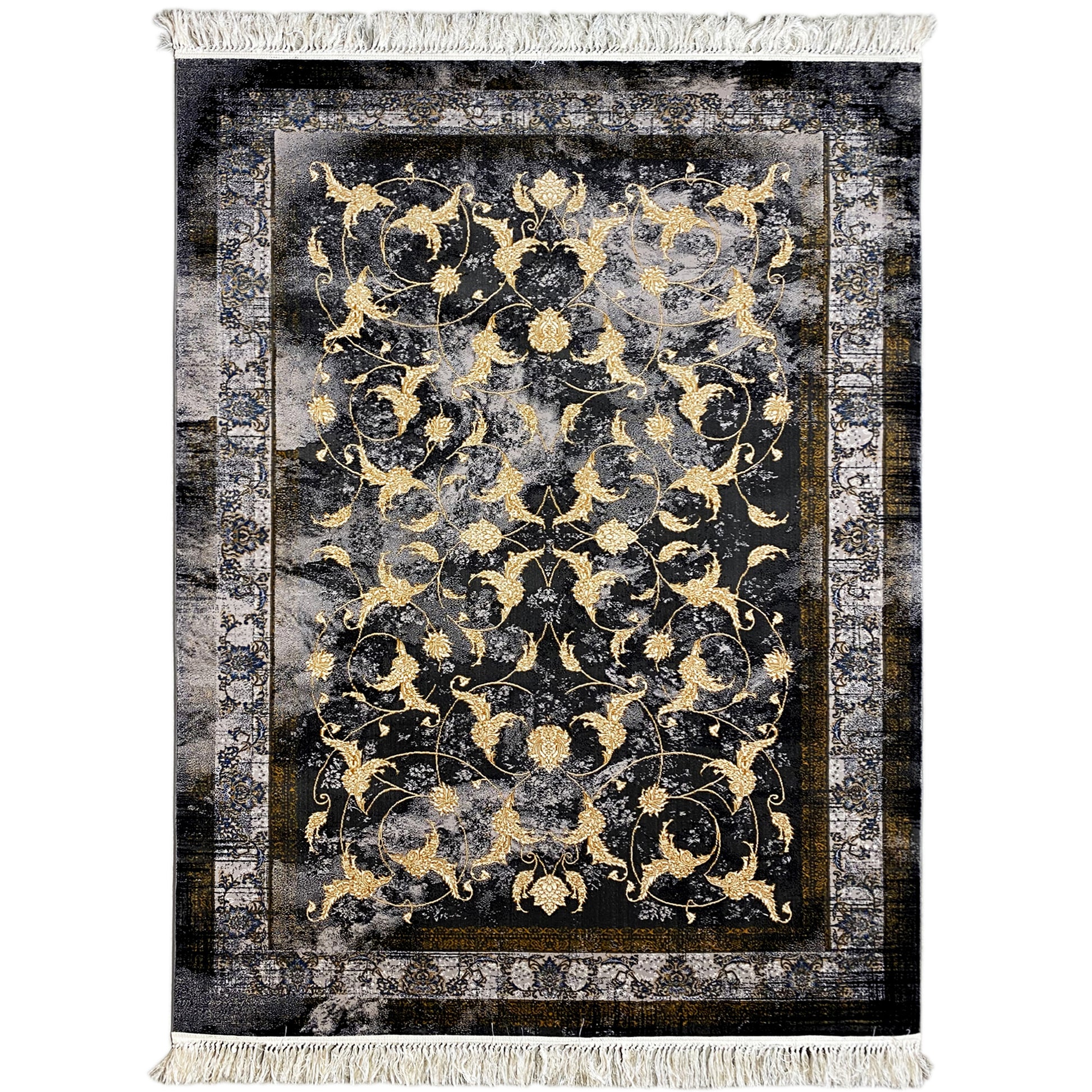 Gewebter Teppich aus Polypropylen mit Vintage-Muster in Schwarz und Gold.