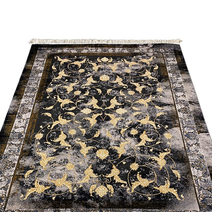 Wohnzimmer Teppich 160x230cm mit elegantem, goldenem Blumenmuster.