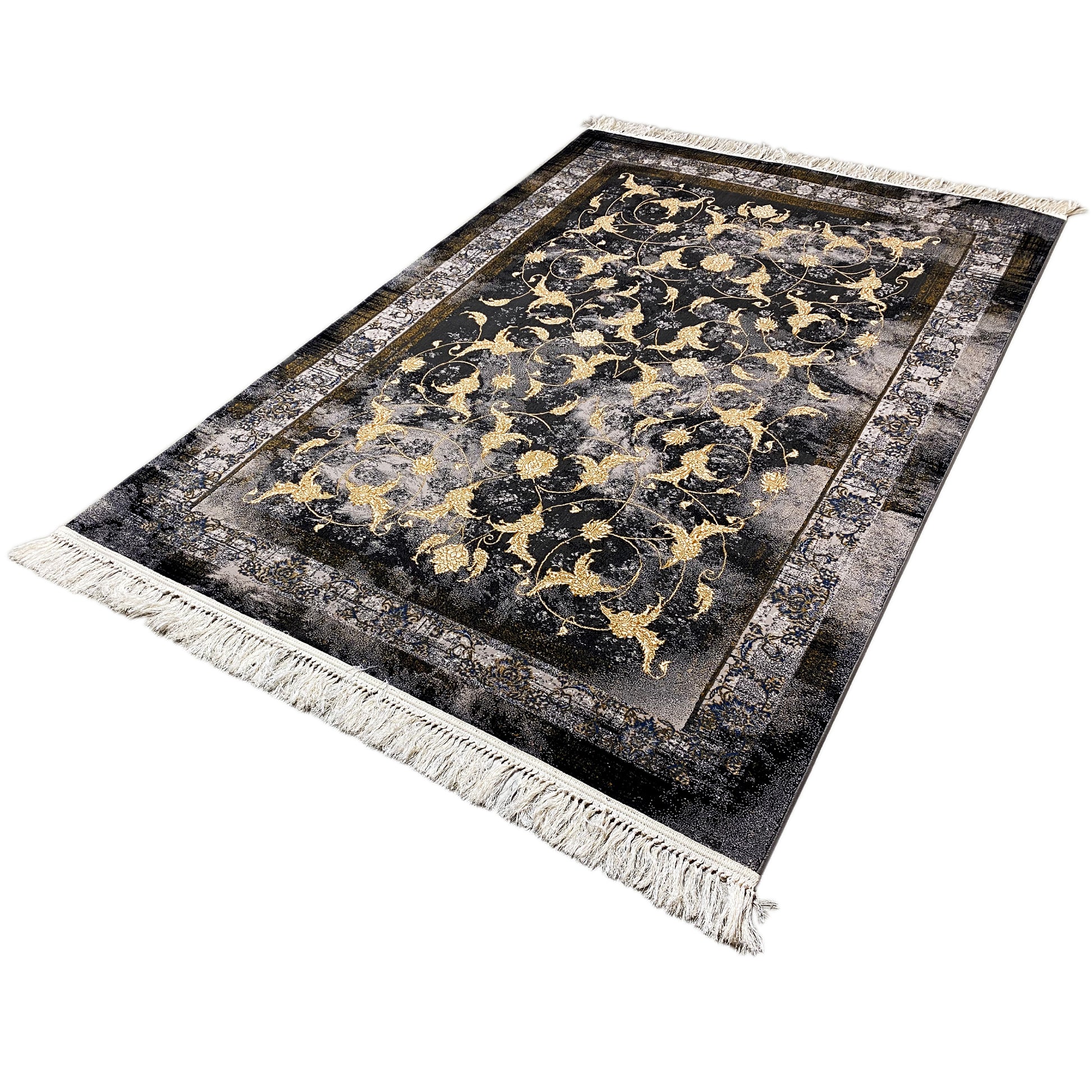 Moderner gewebter Teppich in Schwarz-Gold mit orientalischem Blumenmuster.