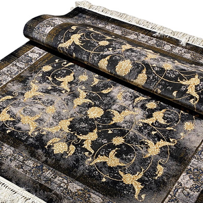 Moderner Teppich mit Blumenmuster in Gold für Wohnzimmer.