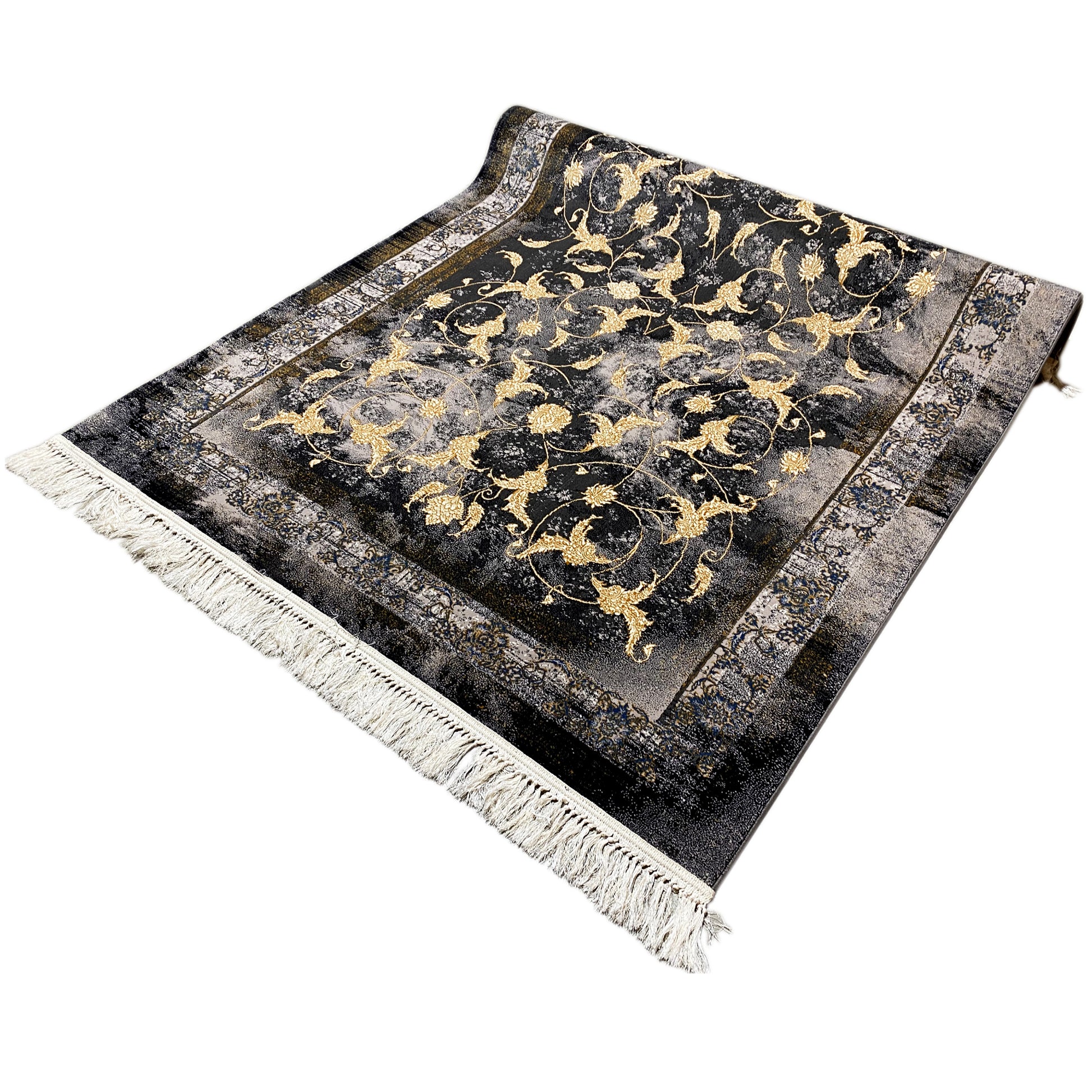 Schwarz-goldener Teppich in eleganter Vintage-Optik.