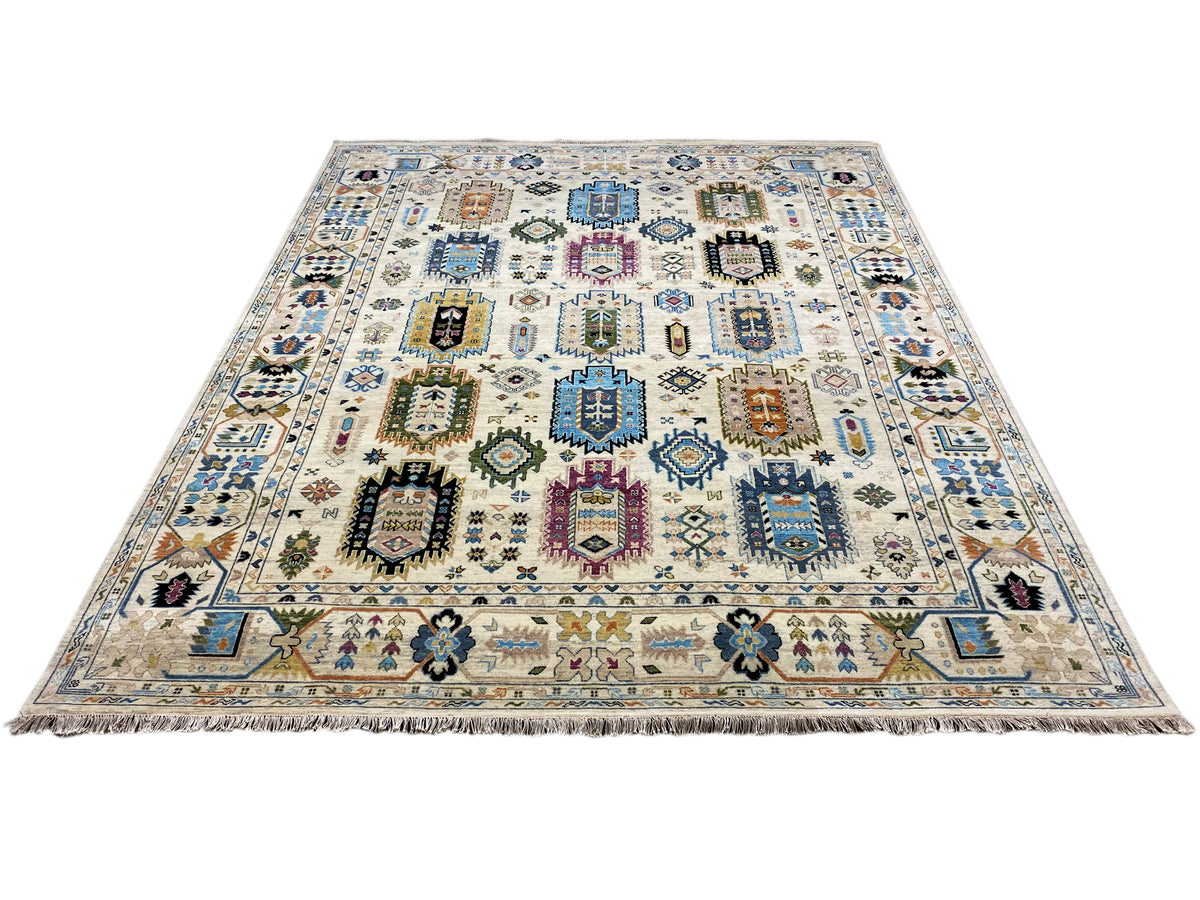 Indo-afghanischer Teppich mit geometrischem Muster in Blau, Schwarz, Beige, rechteckig