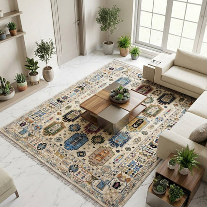 Indo-afghanischer Teppich mit geometrischem Muster in Blau und Beige, zentraler Medaillon-Bereich