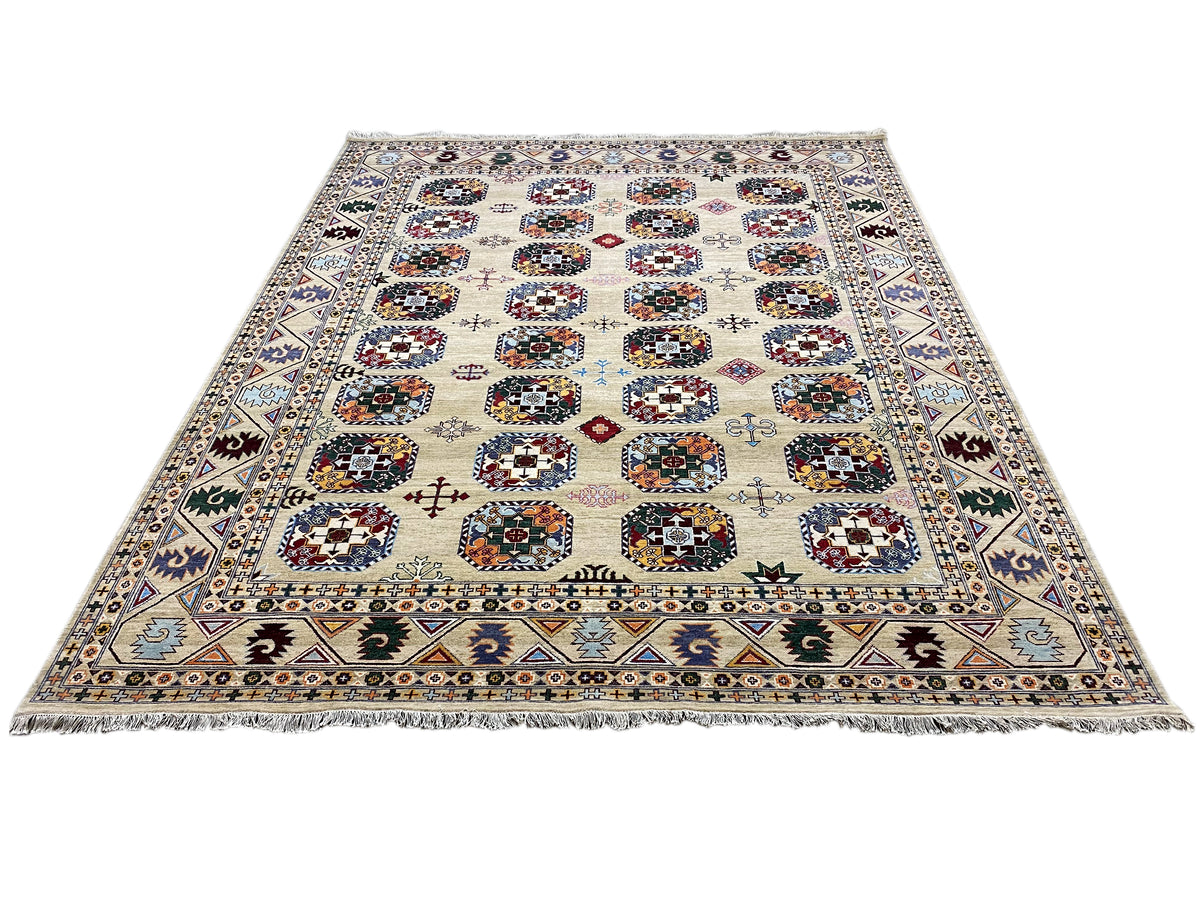 Indo-afghanischer Teppich in beigem Design mit Medaillonreihen und umlaufender Bordüre