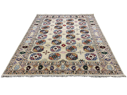 Indo-afghanischer Teppich in beigem Design mit Medaillonreihen und umlaufender Bordüre