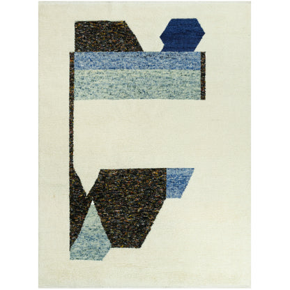 Teppich mit geometrischen Mustern in Schwarz und Blau auf hellem Untergrund, 300x250 cm