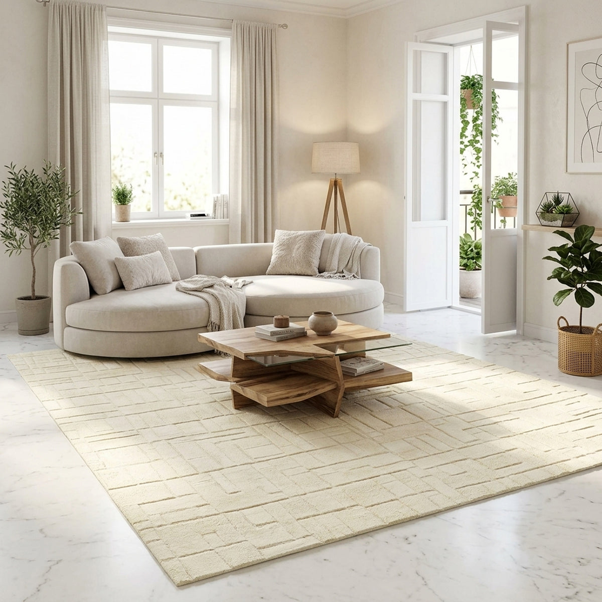 Teppich 300x250 cm in Creme mit Ziegelmuster im Wohnraum, rechteckig