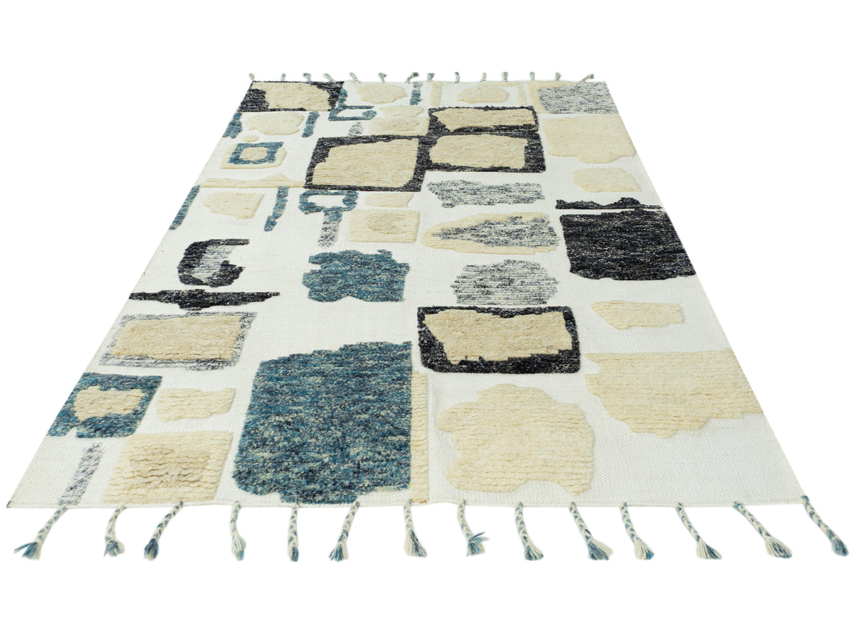 Teppich 240x170 cm abstraktes Rechteckmuster in Creme und Blau mit schwarzen Flächen, Fransen