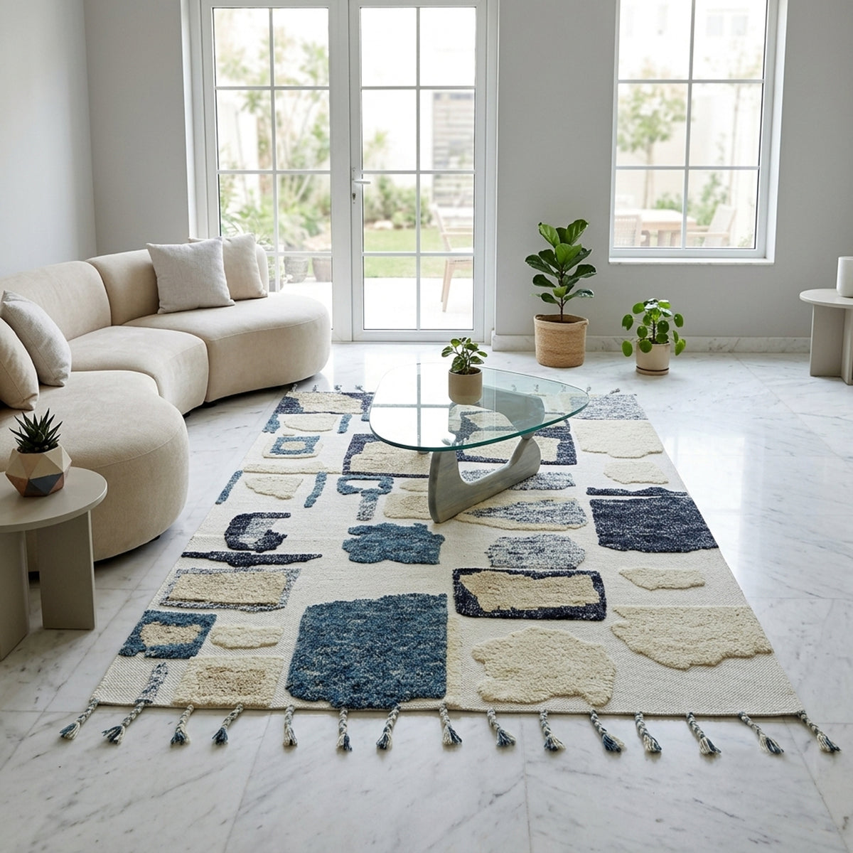Teppich 240x170 cm mit großem Patchwork-Muster in Creme, Blau und Schwarz, umlaufende Fransen