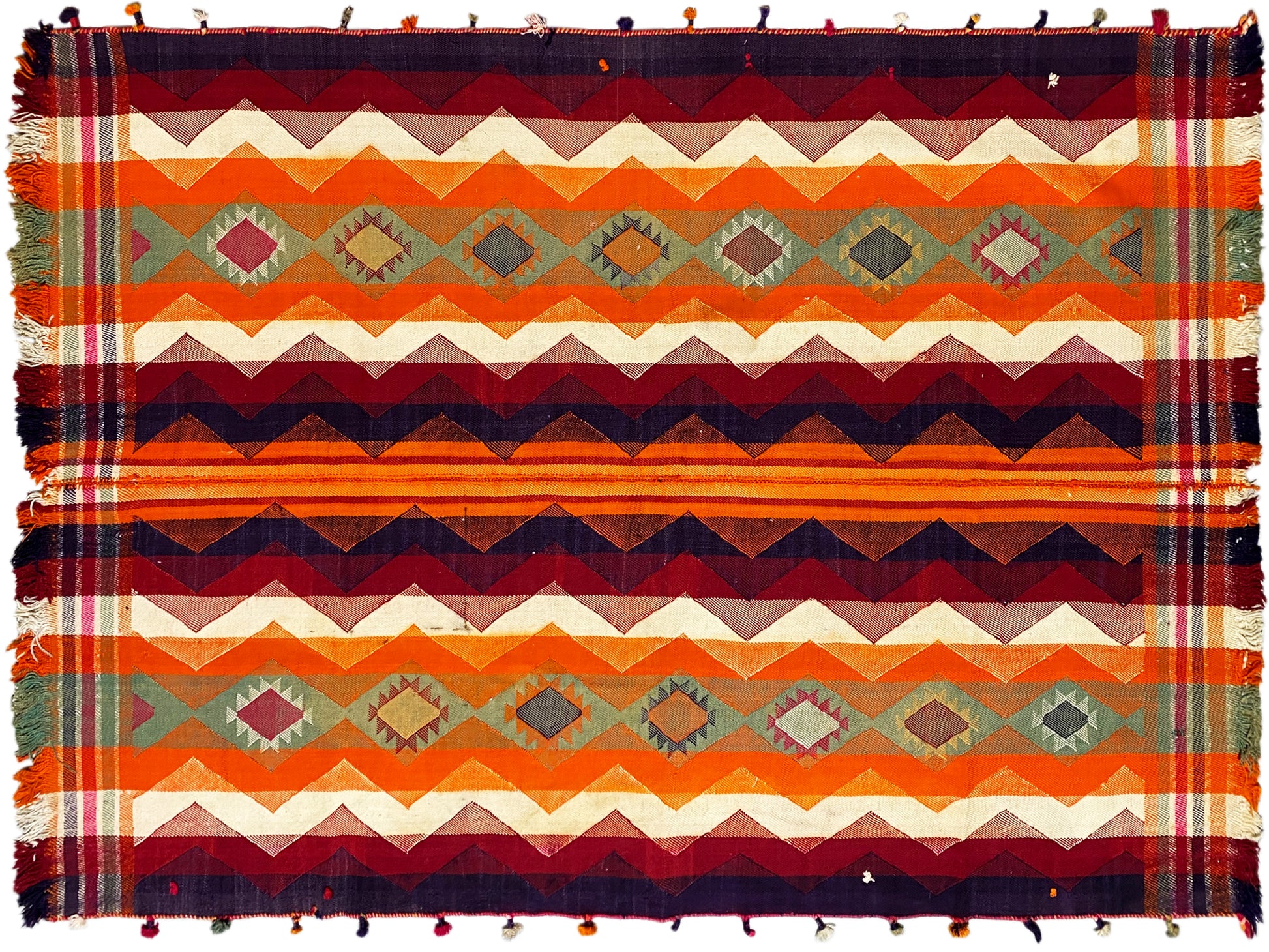 Salon Boho Jajim Teppich aus Wolle mit kräftigen orange-roten Mustern