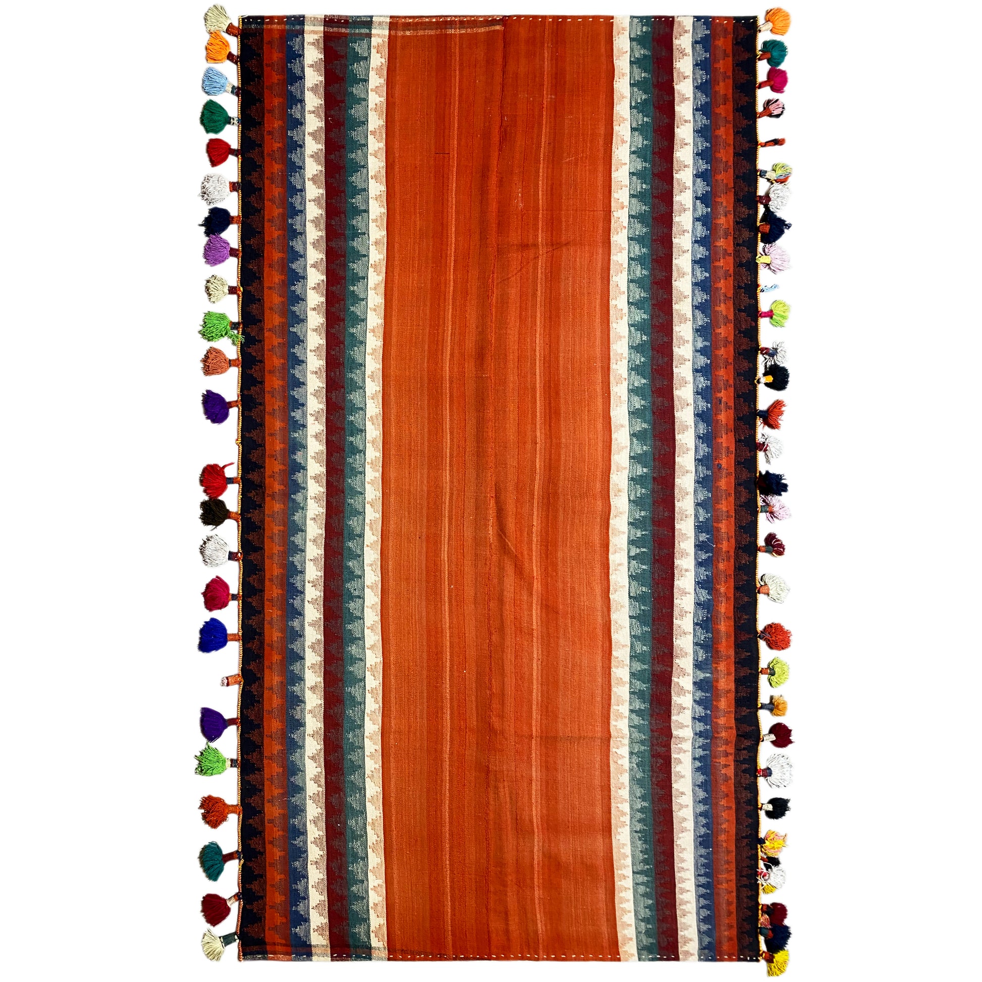 Wohnzimmer Jajim Teppich orange bunt handgewebt mit geometrischen Streifen und Troddeln