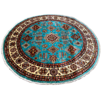 Türkisfarbener Runder Kazak Teppich, 184x185 cm - German Carpet Shop