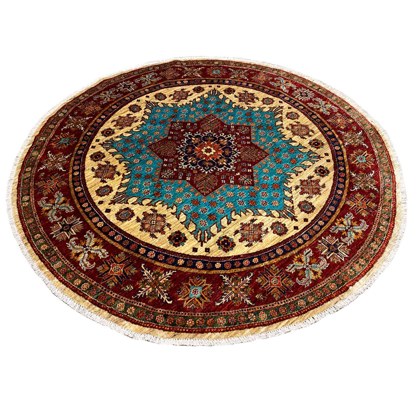 Türkis & Roter Runder Kazak Teppich, 204x204 cm - German Carpet Shop