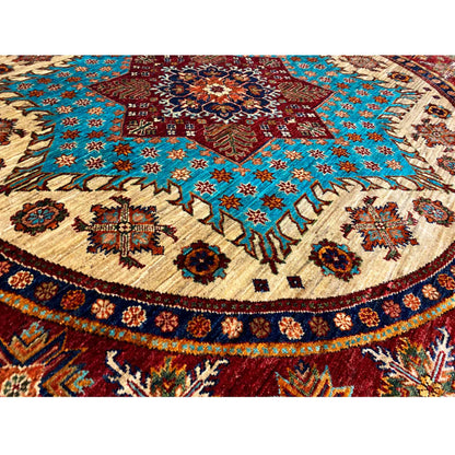 Türkis & Roter Runder Kazak Teppich, 204x204 cm - German Carpet Shop