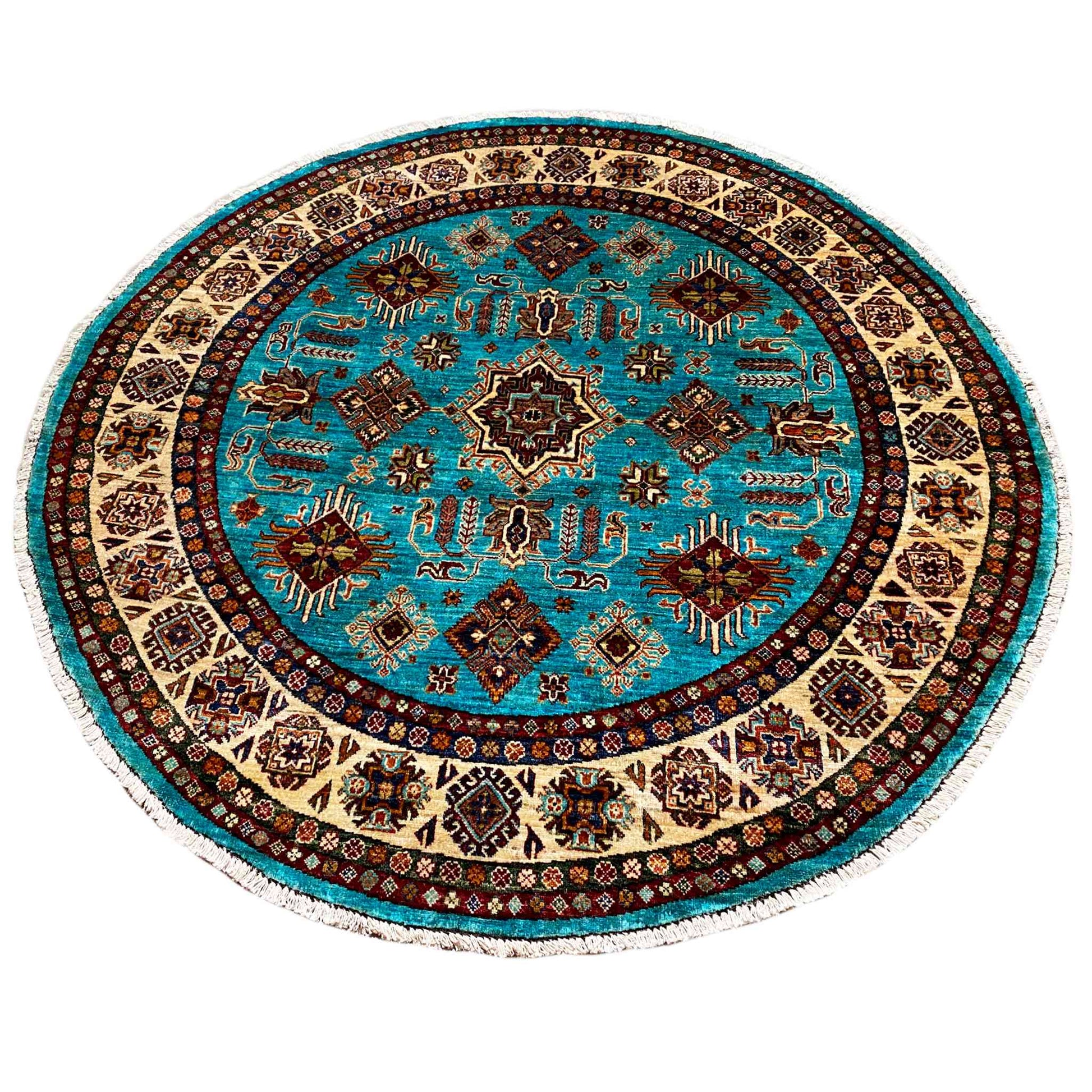 Türkisfarbener Runder Kazak Teppich, 177x180 cm - German Carpet Shop