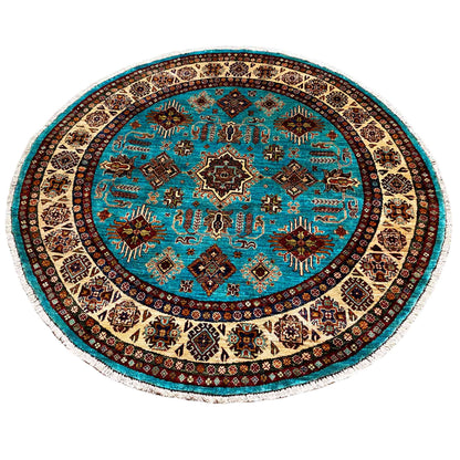 Türkisfarbener Runder Kazak Teppich, 177x180 cm - German Carpet Shop