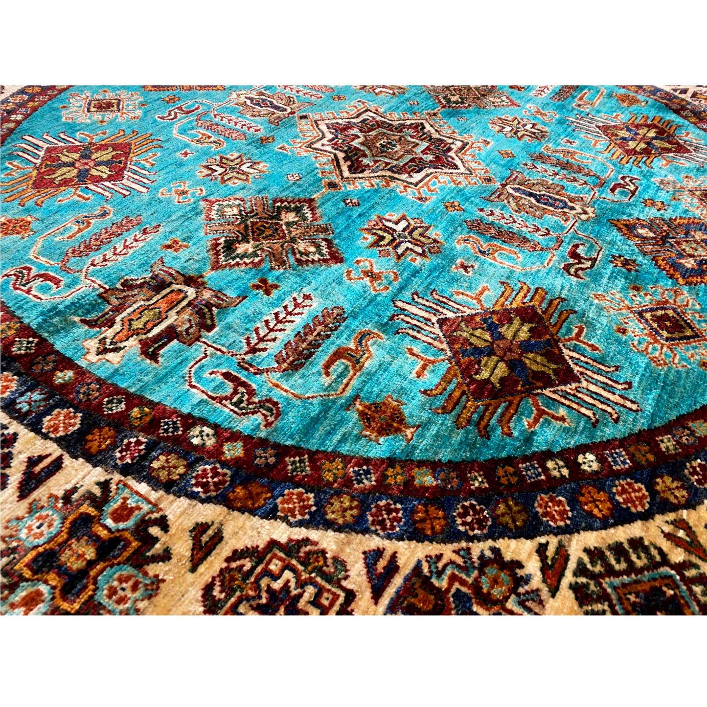 Türkisfarbener Runder Kazak Teppich, 177x180 cm - German Carpet Shop