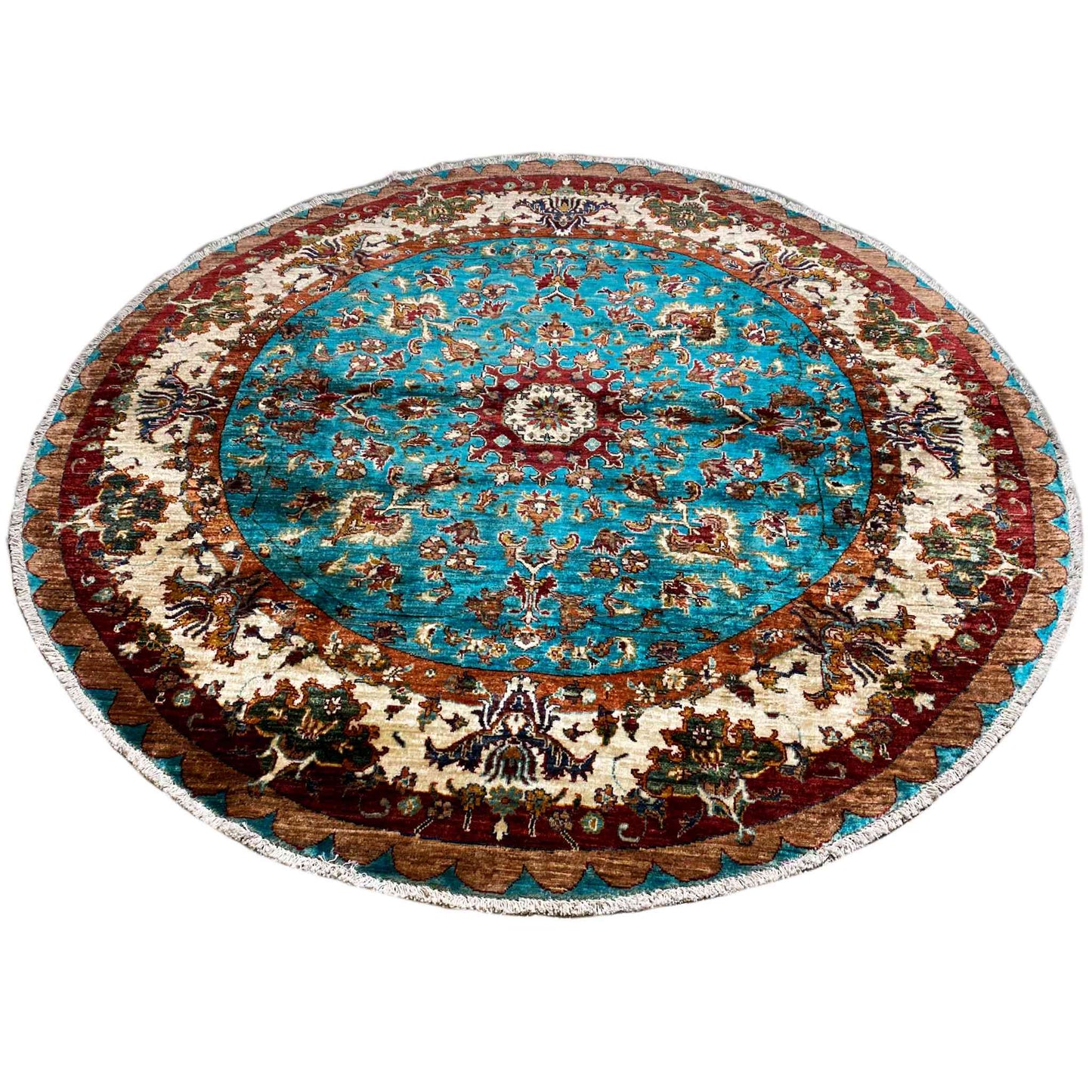 Türkis & Beiger Runder Kazak Teppich, 204x204 cm - German Carpet Shop