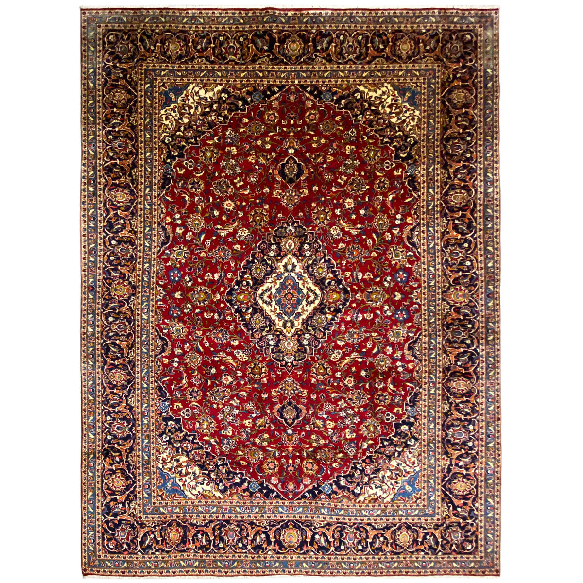 Rot-blauer Orientteppich mit Mittelmedaillon und ornamentierter Bordüre, rechteckig